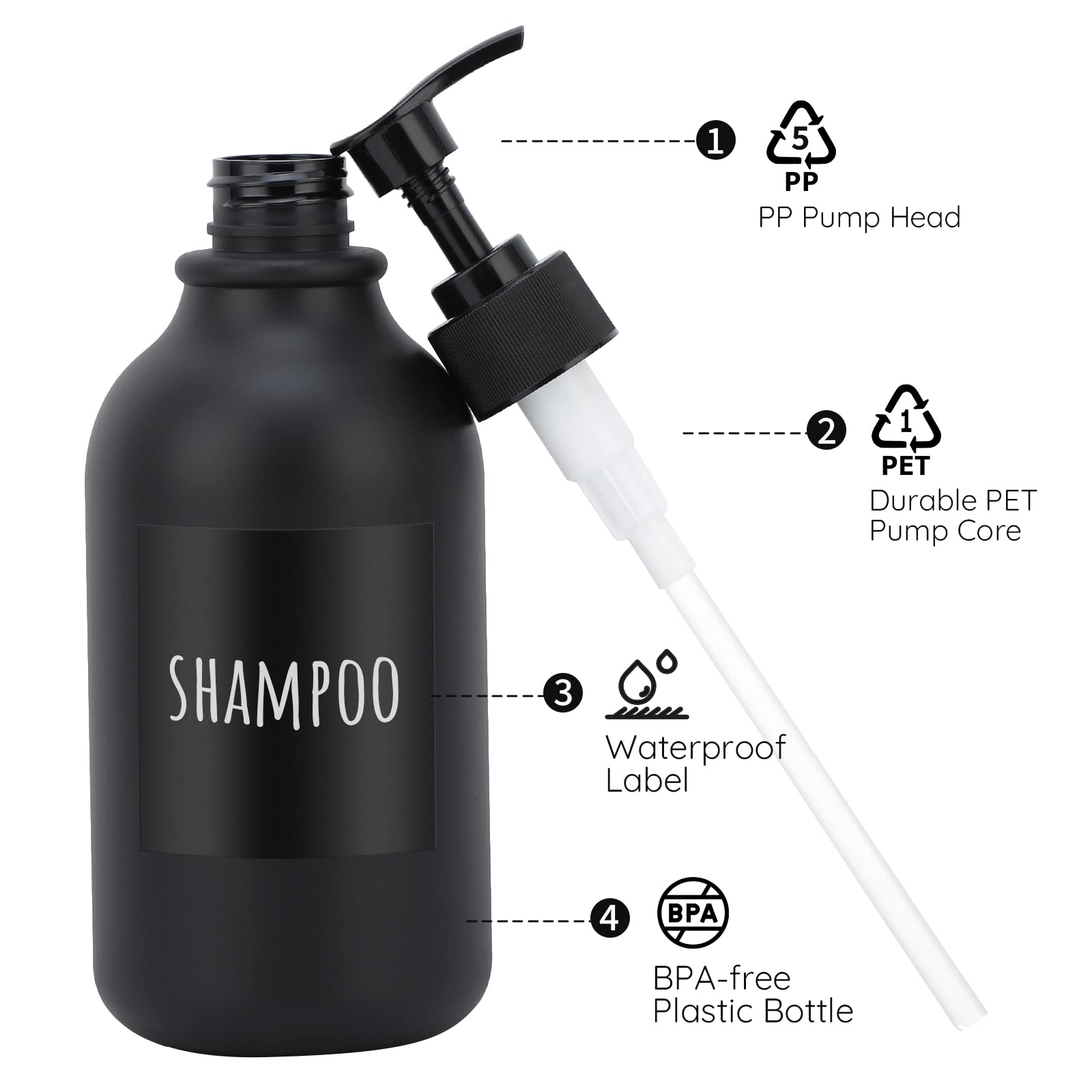 Segbeauty Matte Black Shampoo Dispenser  2pcs 16.9oz Empty Refillable Pump Bottle with Labels  500ml Plastic Press Lotion Dispenser Bathroom Shower Containers for Conditioner Body Soap Hand Soap